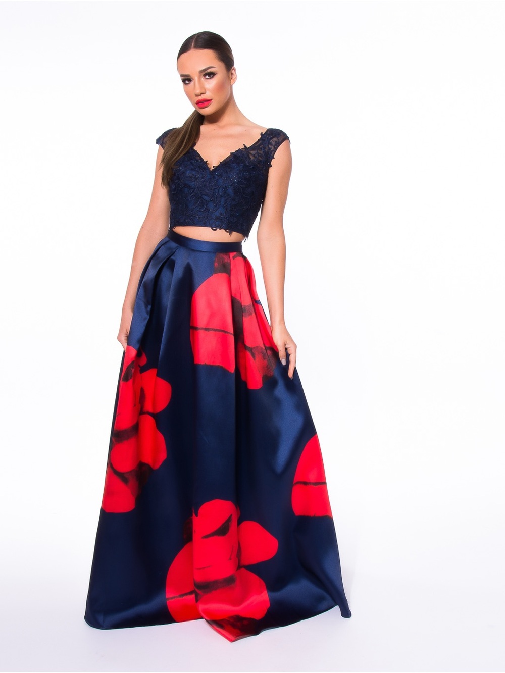 Forever Unique Navy and Red Two-Piece Prom Dress